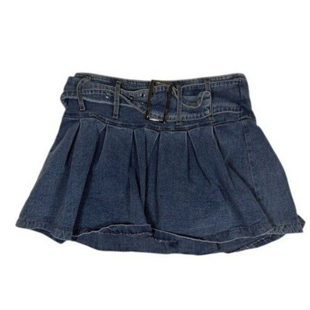 French Kiss Blue Pleated Denim Mini Skirt with Belt Womens Size M S2576-2
